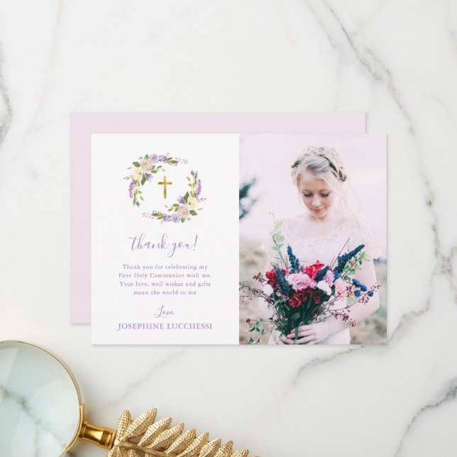 Lila Blommigt First Heliga Communion Photo Tack Kort (Fram/Back In Situ)