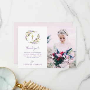 Lila Blommigt First Heliga Communion Photo Tack Kort