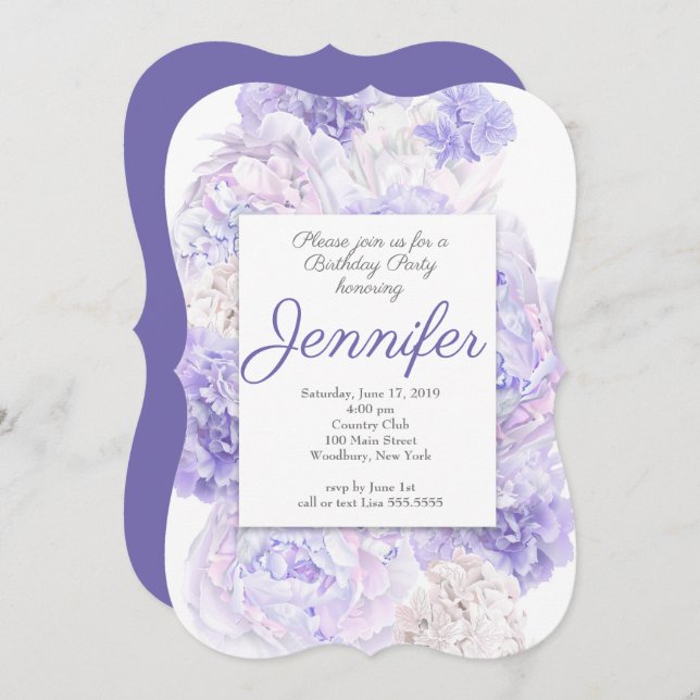 Lila Blommigt Födelsedagsfest inbjudan (Fram/baksida)