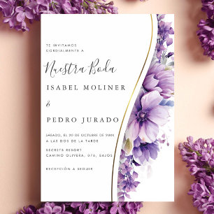 Lila Blommigt Foliage Nuestra Boda Spanska Bröllop Inbjudningar