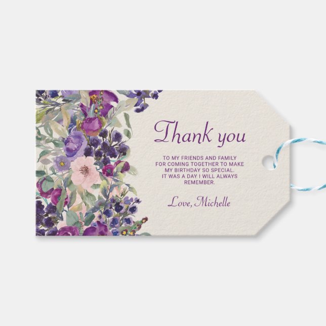 Lila Blommigt för  Rosa Foliage Birthday Presentetikett (Framsidan (Horisontell))