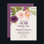 Lila Blommigt för  Rosa Kvinnor 40:e födelsedagen Kort<br><div class="desc">Elegant och vacker lila och  rosa,  vattenfärgad blommigt på gräddmåls-färgad 40-dagars inbjudan till kvinnor. Kontakta oss om du behöver hjälp med anpassning eller om du vill begära matchande produkter.</div>