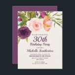 Lila Blommigt för  Rosa Kvinnor i 30års födelsedag Kort<br><div class="desc">Elegant och vacker lila och blommigt för  rosa,  vattenfärg på 30års födelsedag-inbjudan till gräddpartiet färgad för kvinnor. Kontakta oss om du behöver hjälp med anpassning eller om du vill begära matchande produkter.</div>