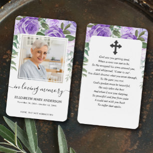 Lila Blommigt Fotosympati Funeral Prayer Card Visitkort