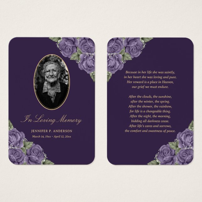 Lila Blommigt Funeral Prayer Card Visitkort (Framsida & baksida)