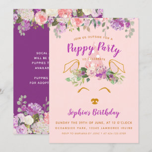 Lila Blommigt Garden Puppy Party Birthday Guld Inbjudningar