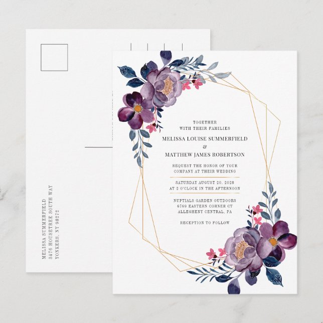 Lila Blommigt Geometric Botanical Bröllop Inbjudan Vykort (Fram/baksida)