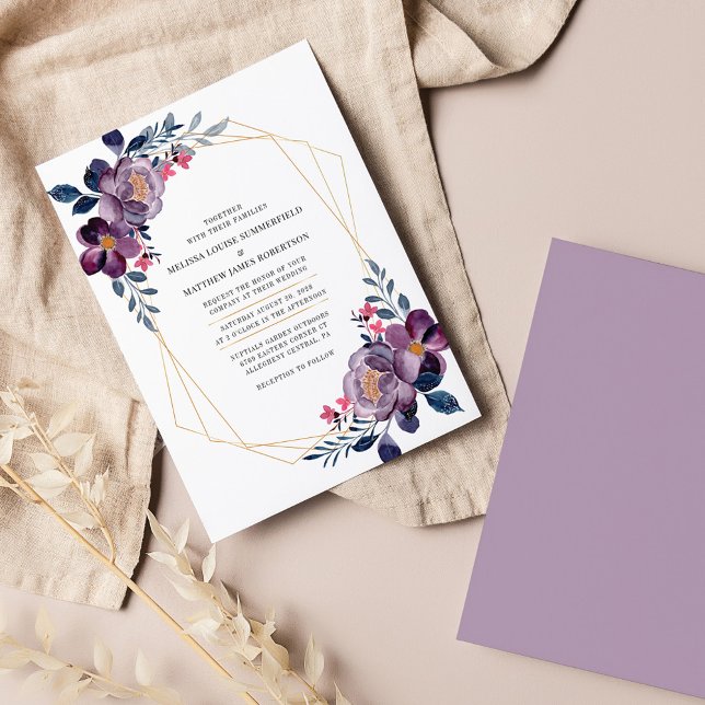 Lila Blommigt Geometric Botanical Bröllop Inbjudningar (Purple Flowers Geometric Wedding Invitation)