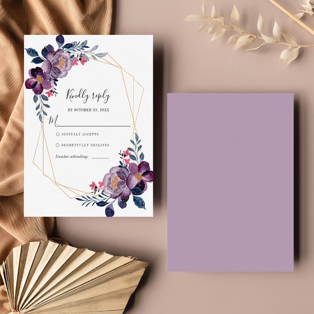 Lila Blommigt Geometric Botanical Bröllop OSA Kort (Purple Floral Navy Blue Flowers Wedding RSVP Card)