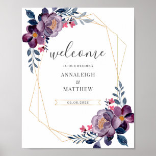 Lila Blommigt Geometric Botanical Bröllop Sign Poster
