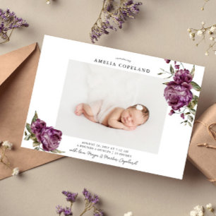 Lila Blommigt Girl Baby Photo Birth Notice Meddelande