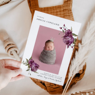 Lila Blommigt Girl Baby Photo Birth Notice Meddelande