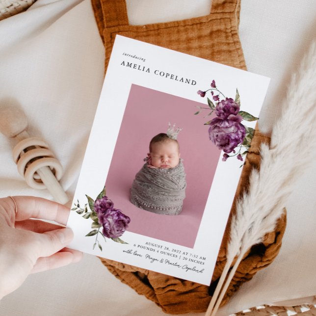Lila Blommigt Girl Baby Photo Birth Notice Meddelande (Skapare uppladdad)