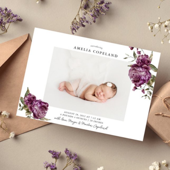 Lila Blommigt Girl Baby Photo Birth Notice Meddelande (Skapare uppladdad)