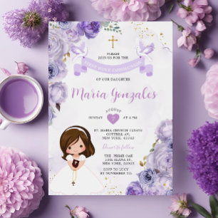 Lila Blommigt Girl First Heliga Communion Guld Kor Inbjudningar