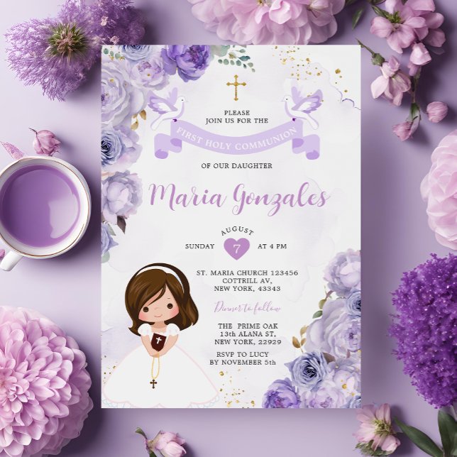 Lila Blommigt Girl First Heliga Communion Guld Kor Inbjudningar (Skapare uppladdad)
