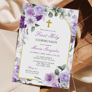 Lila Blommigt Girl First Heliga Communion Inbjudningar