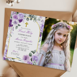 Lila Blommigt Girl First Heliga Communion Photo Inbjudningar