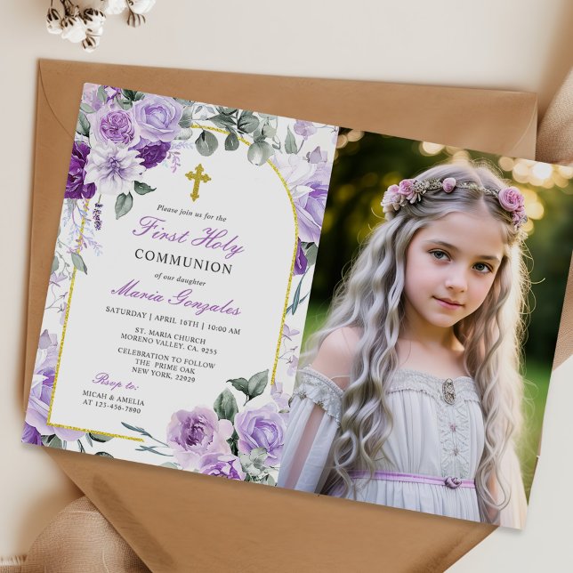 Lila Blommigt Girl First Heliga Communion Photo Inbjudningar (Skapare uppladdad)