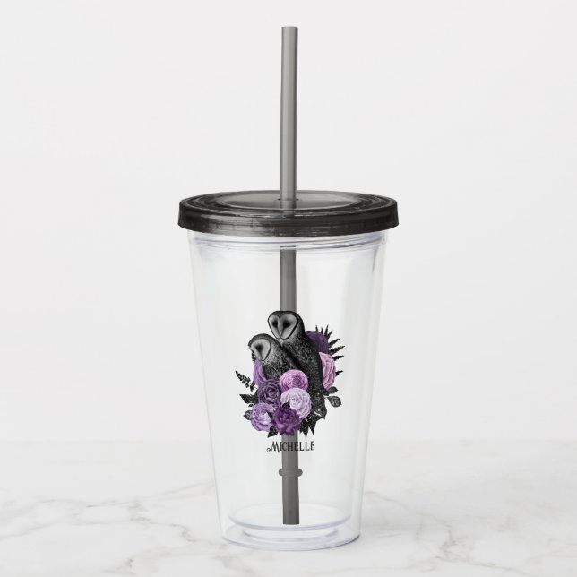 Lila Blommigt Glam Gothic Uggla Take Away Mugg (Framsida)