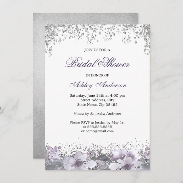 Lila Blommigt Glitter Inbjudningskort för möhippan (Fram/baksida)