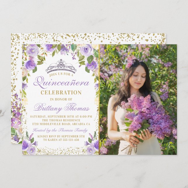 Lila Blommigt Gnistra Guld Quinceanera Photo Inbjudningar (Fram/baksida)