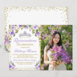Lila Blommigt Gnistra Guld Quinceanera Photo Inbjudningar