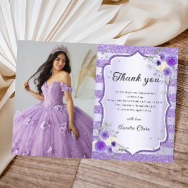 Lila Blommigt Gnistra Quinceanera Photo Tack Kort