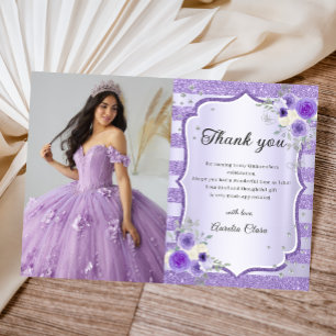 Lila Blommigt Gnistra Quinceanera Photo Tack Kort