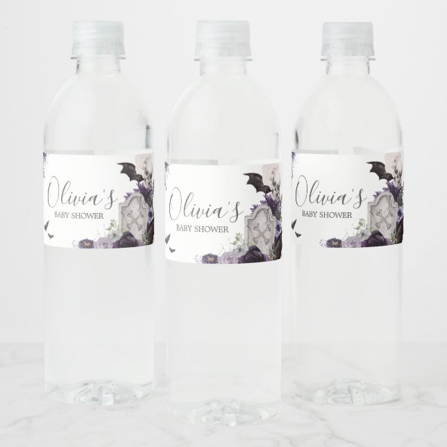 Lila Blommigt Gothic Baby Shower Vattenflaskor Etikett (Flaskor)