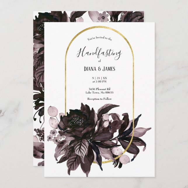 Lila Blommigt Gothic Boho Pagan Handfasteing Inbjudningar (Fram/baksida)