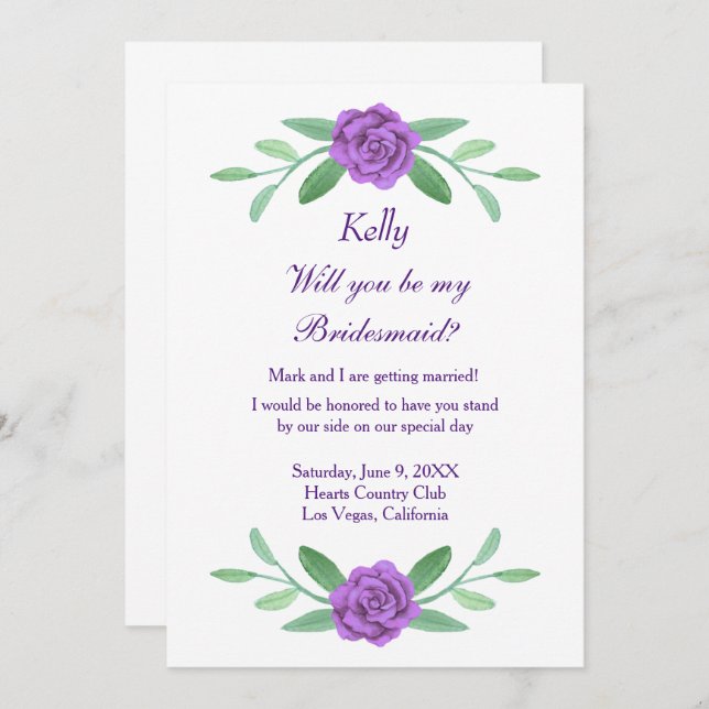 Lila Blommigt Greenery Foliage Bridesmaid Card Inbjudningar (Fram/baksida)