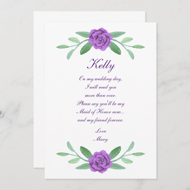 Lila Blommigt Greenery Foliage Maid of honor Card Inbjudningar (Fram/baksida)