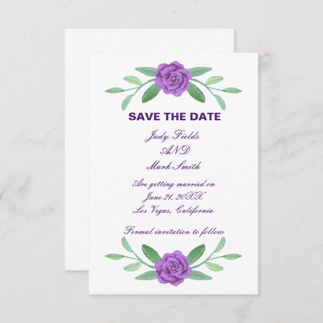 Lila Blommigt Greenery Foliage Save Date Card Spara Datumet (Fram/baksida)