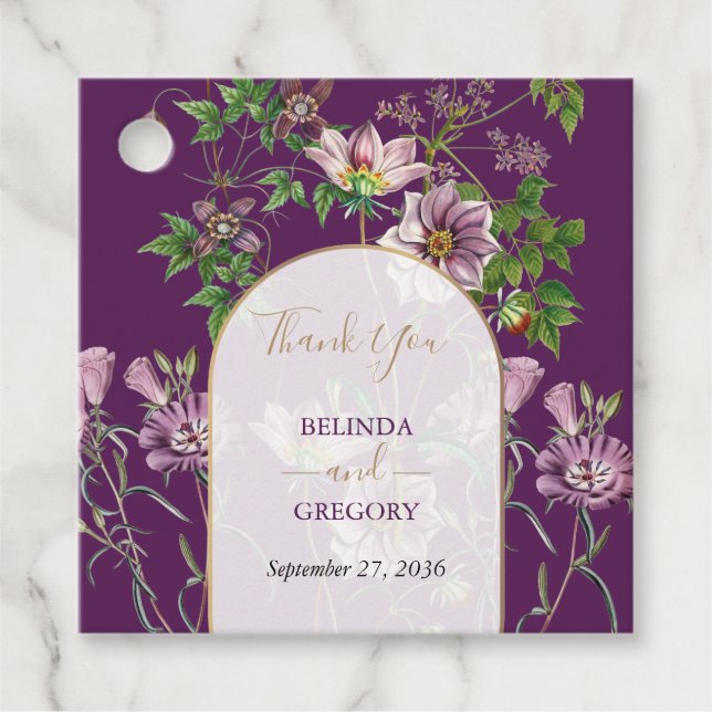Lila Blommigt Greenery Guld Arch Bröllop Gåvor Etiketter (Framsida)