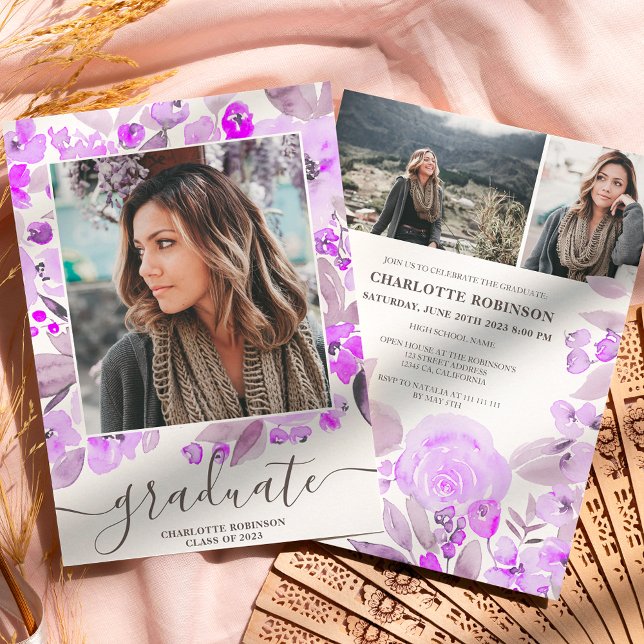 Lila blommigt greenery script 3 foton studenten inbjudningar (Skapare uppladdad)