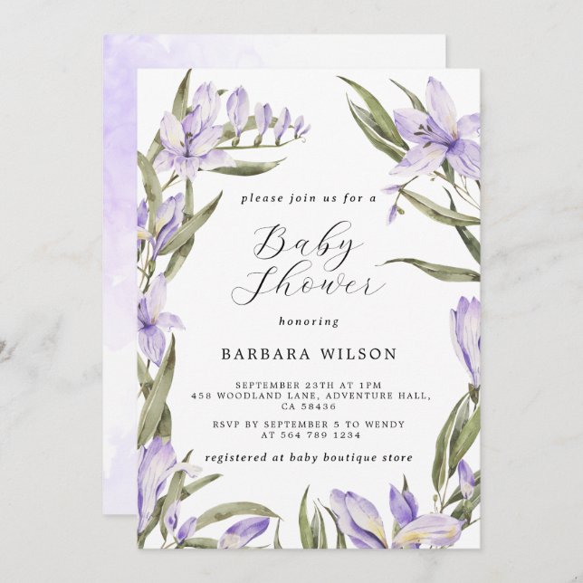 Lila Blommigt Greenery Watercolor Baby Shower Inbjudningar (Fram/baksida)