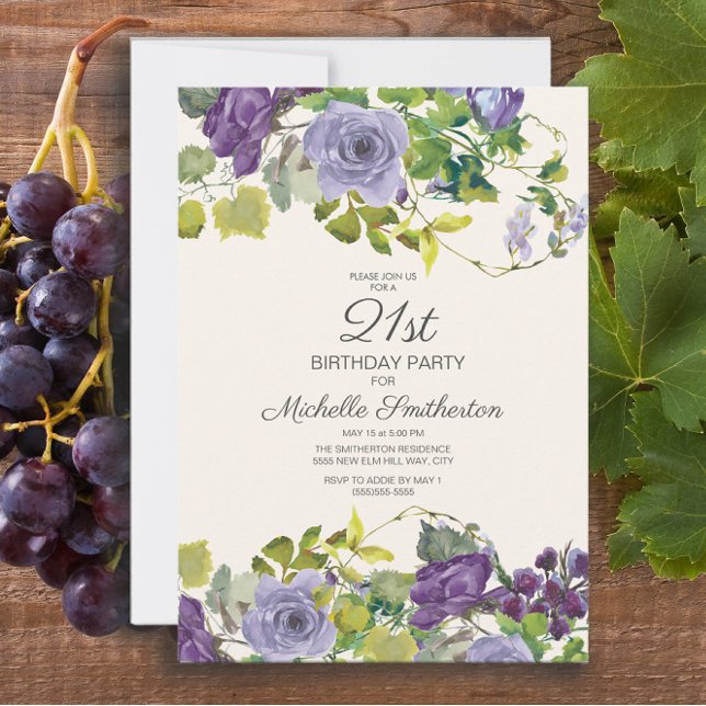 Lila Blommigt Grönt Löv 21:a födelsedag Inbjudningar (Purple floral and vines 21st birthday party invitation)