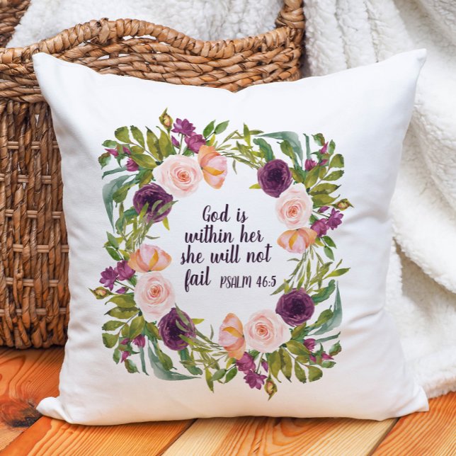 Lila  Blommigt Gud är inom hennes kristna Kudde ("God is within her, she will not fail." burgundy and pink floral Christian Bible verse pillow)