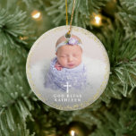 Lila Blommigt Guld Baptism Anpassningsbar Foto Rel Julgransprydnad Keramik<br><div class="desc">Lila Blommigt Guld Baptism Anpassningsbar Foto Religiösa Ceramic Ornament</div>