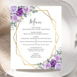 Lila Blommigt Guld Geometric Bröllop Menu<br><div class="desc">Den moderna bröllop-menyn i elegant har ett guld-geometriskt ram som är dekorerat med lila och lilac blommigt bouquets och eukalyptus grey på vit bakgrund. I anpassadet kombineras grått med fysisk handstil och typsnitt med träkol. Den omvända sidan är helt vit. (Obs! Kuvert inkluderas inte automatiskt i den här budgetinbjudan. Om...</div>