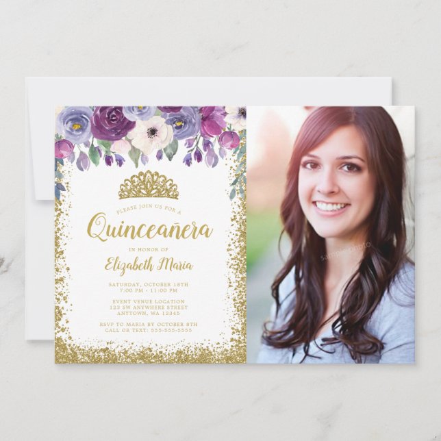 Lila Blommigt Guld Glitter Tiara Quinceanera Photo Inbjudningar (Framsida)