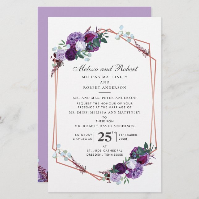 Lila Blommigt Guld Ro Geometric Greenery Bröllop Brevpapper (Fram/baksida)