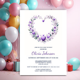Lila Blommigt Heart Baby Shower Inbjudningar