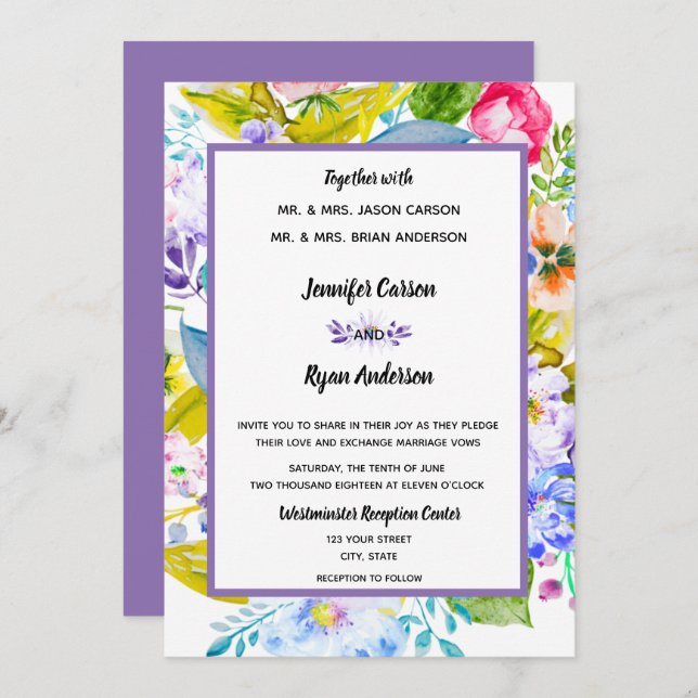 Lila Blommigt - inbjudan till Romantic Wedding (Fram/baksida)