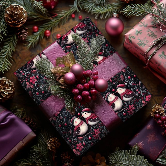 Lila Blommigt julafton Papper med fåglar Presentpapper (Skapare uppladdad)