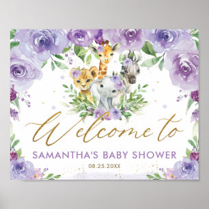 Lila Blommigt Jungle Animals Baby Shower Välkommen Poster