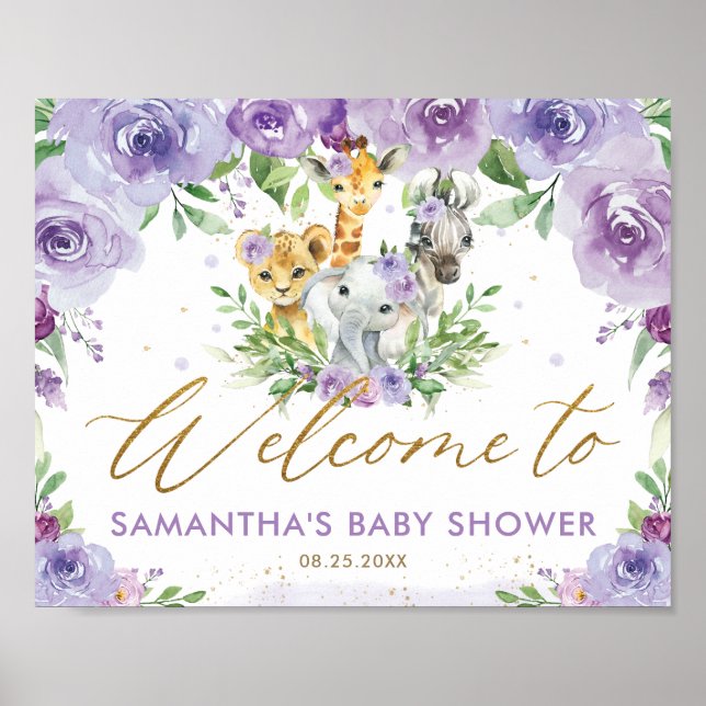 Lila Blommigt Jungle Animals Baby Shower Välkommen Poster (Framsidan)