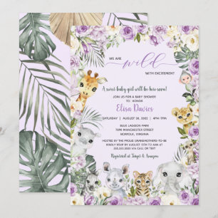 Lila Blommigt Jungle Safari Animals Baby Shower in Inbjudningar