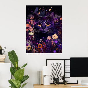 Lila Blommigt Katt födelsedag Poster